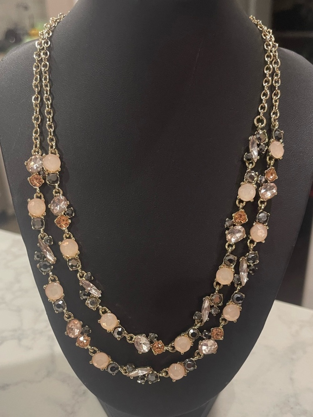 Multi-Strand Statement Necklace Blush Pink Gold Tone